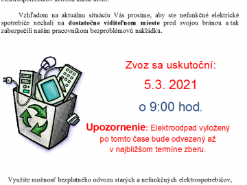 Zber elektroodpadu – 5.3.2021 o 9.00 hod.