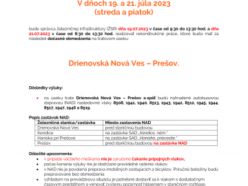 Výluka Drienovská Nová Ves – Prešov – 19.7.2023 a 21.7.2023