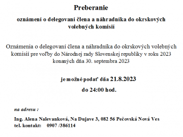 Preberanie oznámení o delegovaní do OVK pre voľby do NR SR 2023