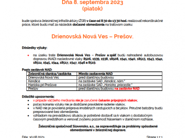 Výluka Drienovská Nová Ves – Prešov – 8.9.2023