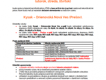 Výluka Kysak – Drienovská Nová Ves (Prešov) – 5., 6. a 7. 9. 2023