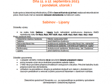 Výluka Sabinov – Lipany – 11.9.2023 a 12.9.2023