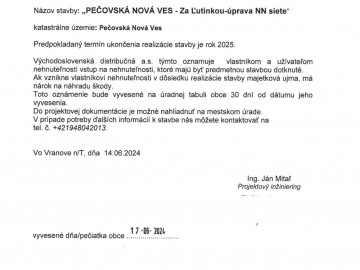 Oznámenie vstupu na nehnuteľnosti – Pečovská Nová Ves – Za Ľutinkou – úprava NN siete – verejná vyhláška