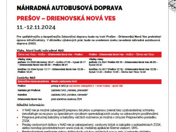 Výluka Prešov – Drienovská Nová Ves – 11.11.2024 – 12.11.2024